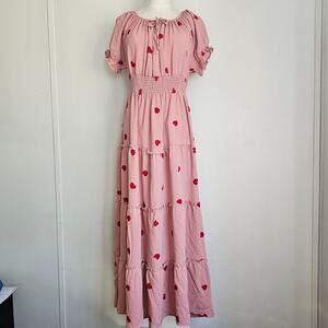 Pink Heart Print Midi Dress - Women's Smocked Waist